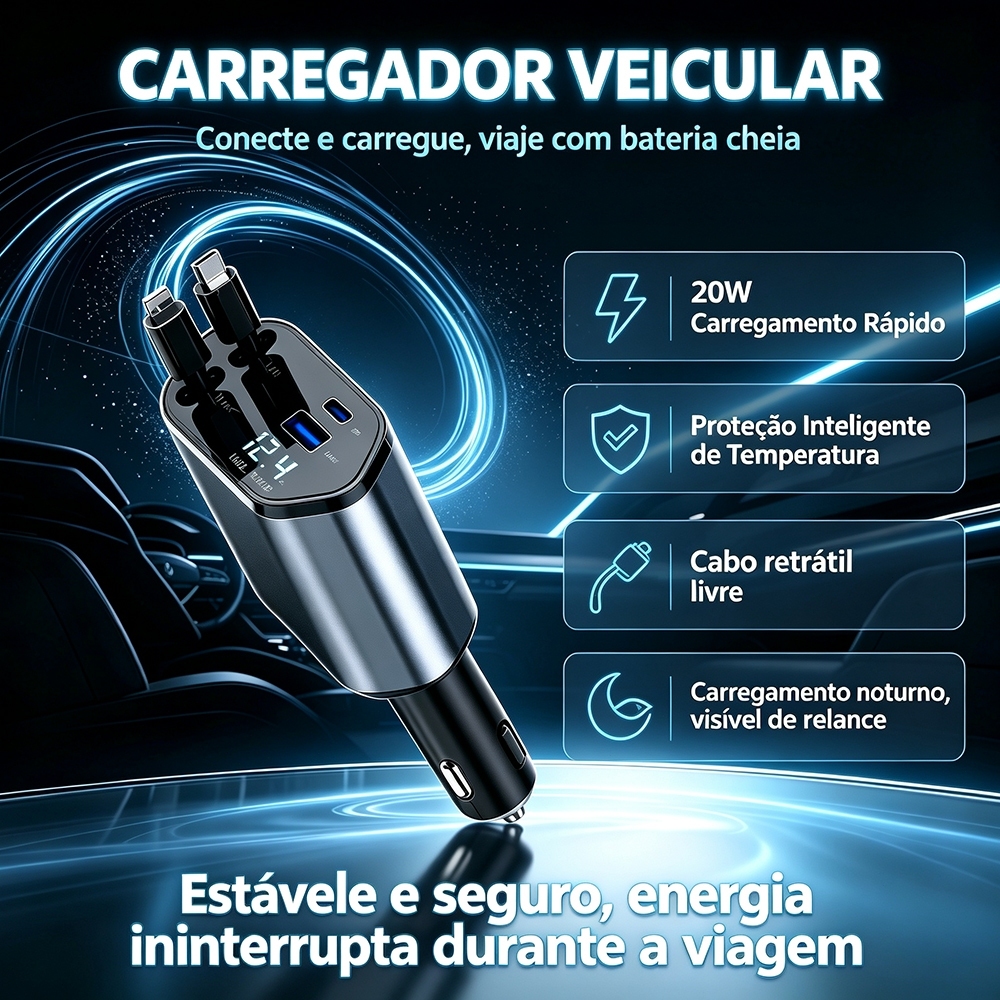 Retractable Car Charger 4 in 1 Fast Car Charger for iPhone and Android