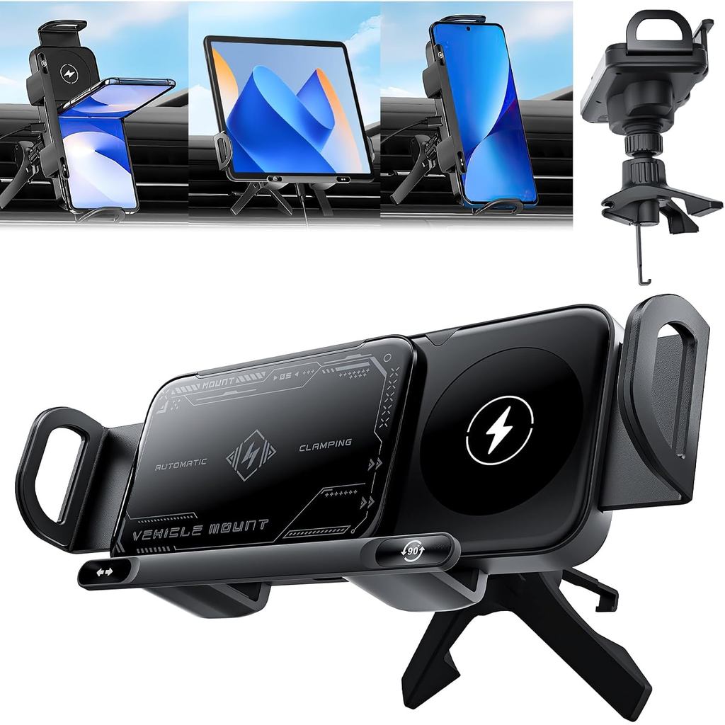 Omaky High Intelligent 2 in 1 Auto Rotating Phone Holder, Car Charger Fast Charging, for Most Mobile Phones/Pads, Includ