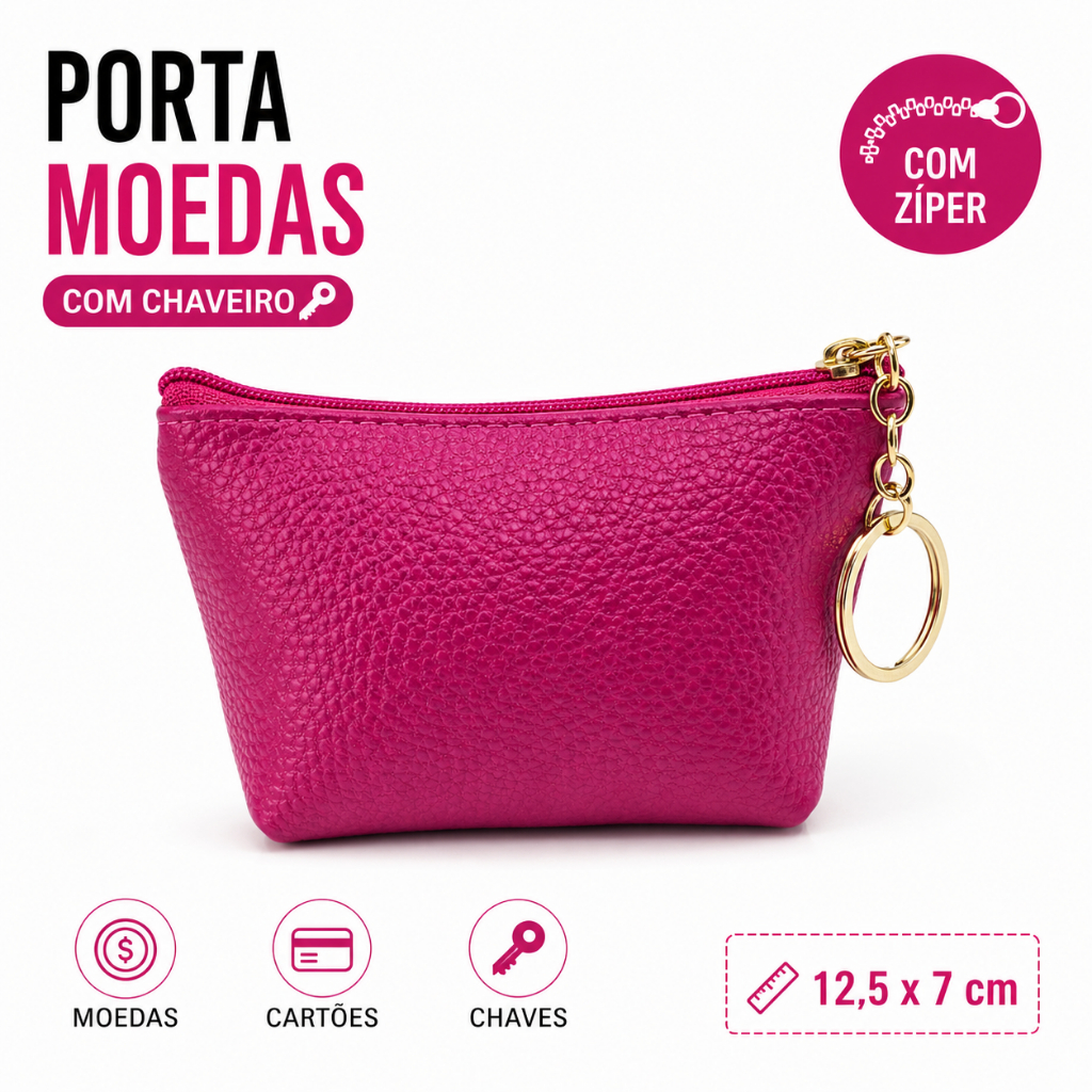 Mini Carteira Feminina Porta Moedas com Chaveiro Couro PU Pequena Bolsa Compacta com Zíper