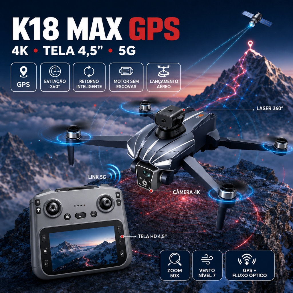 K18 GPS RC Drone, 4K FPV Camera, 1KM Control Range, Foldable Quadcopter, GPS Auto Return, 2 Batteries, Envio do Brasil