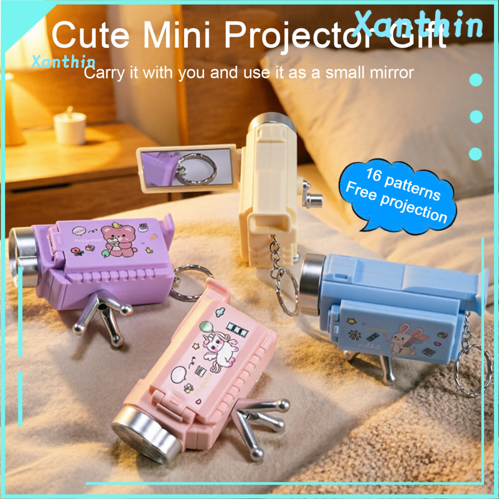 Mini Projector Toy Small Desktop Keychain for Kids – Cute Camera with 16 Patterns Foldable Stand Mirror for Students f