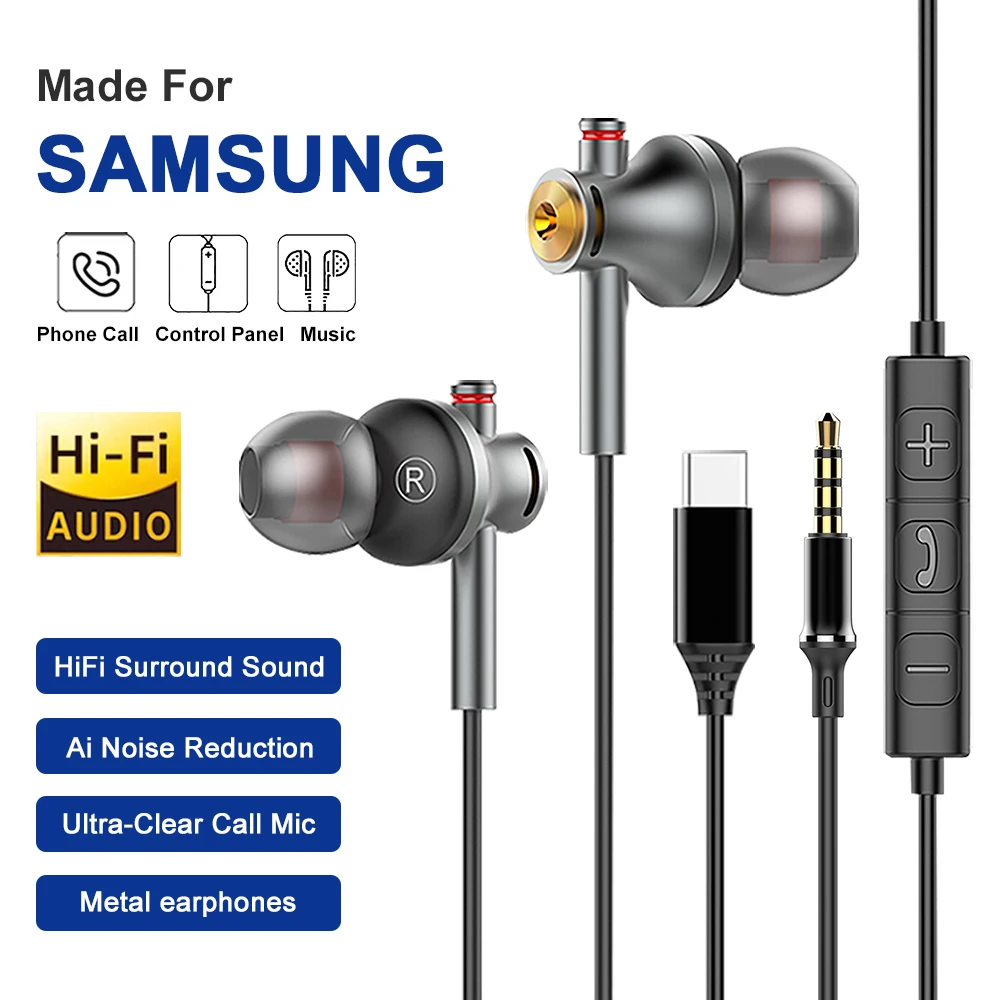 USB C Wired Headphones Dolby Sound With Noise Reduction Type C 3.5mm Music Earphones For Samsung Galaxy S25 S24 Ultra iPhone 16