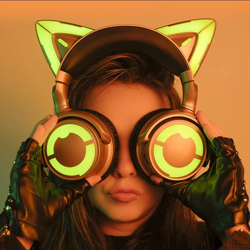 YOWU DJ Wireless Headphone RGB 50MM Dynamic Coil HD Mic Cute Cat Ear Bluetooth Headphones Custom Professional DJ Gaming Headsets