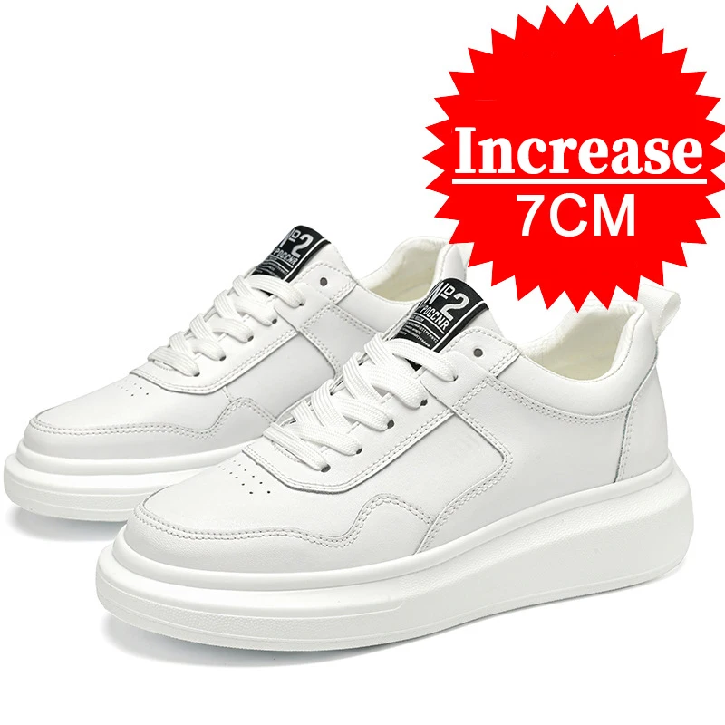 Luxury Leather Elevator Shoes Men's Sneakers Height Increasing Shoes Invisible 7CM Heighten Sports Shoes Taller Lift White Shoes