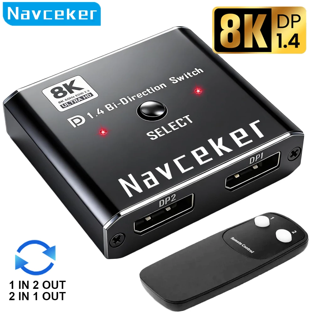 Navceker 8K DisplayPort Switch 2 in 1 out 4K 120Hz DisplayPort 1.4 Splitter with IR Remote DP Switcher 2X1 for PC Laptop Monitor
