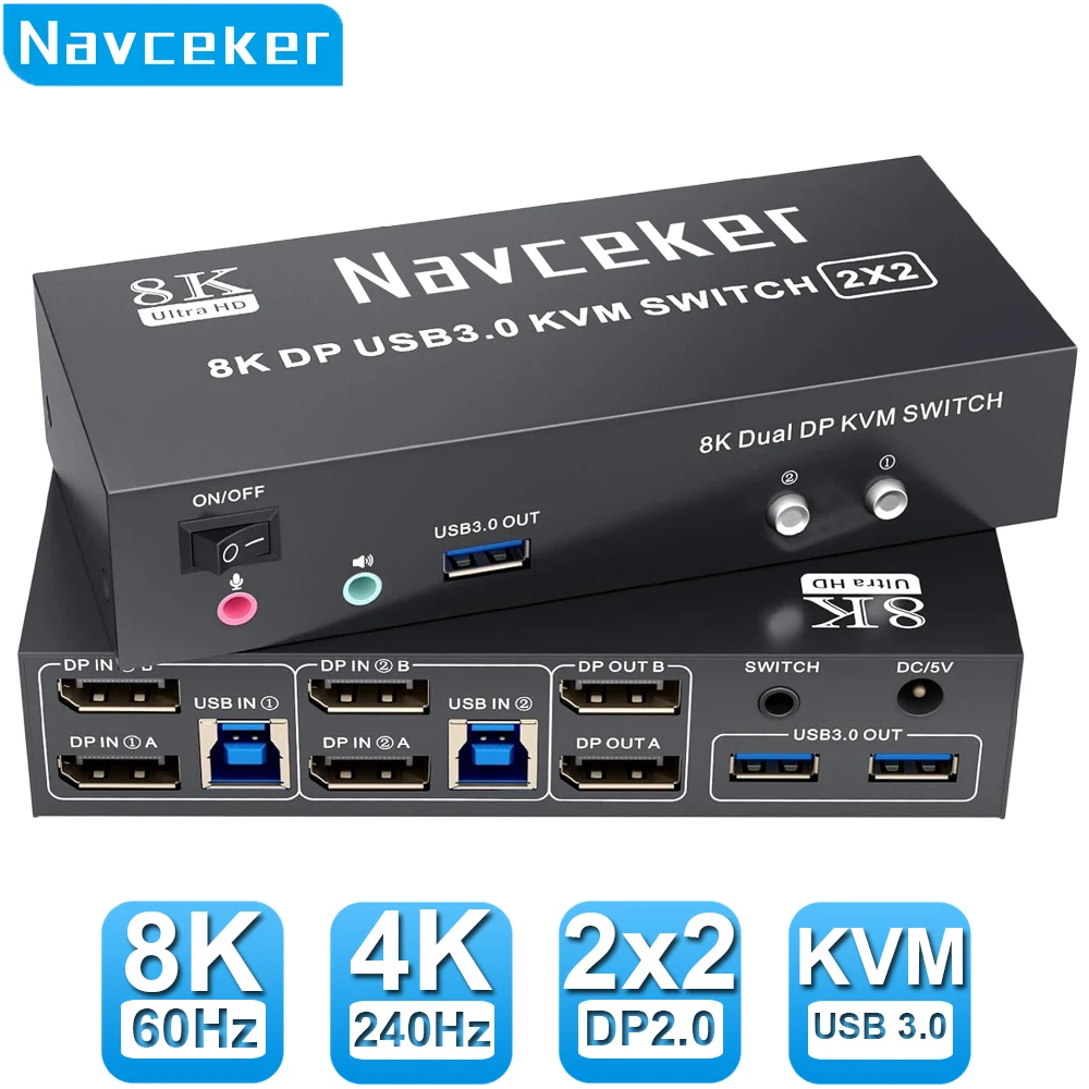 Navceker 4K 240Hz Dual Monitor DP 2.0 KVM Switch 8K USB 3.0 Displayport KVM Switch 2 in 2 out Display 2 Monitors 2 Computer PC