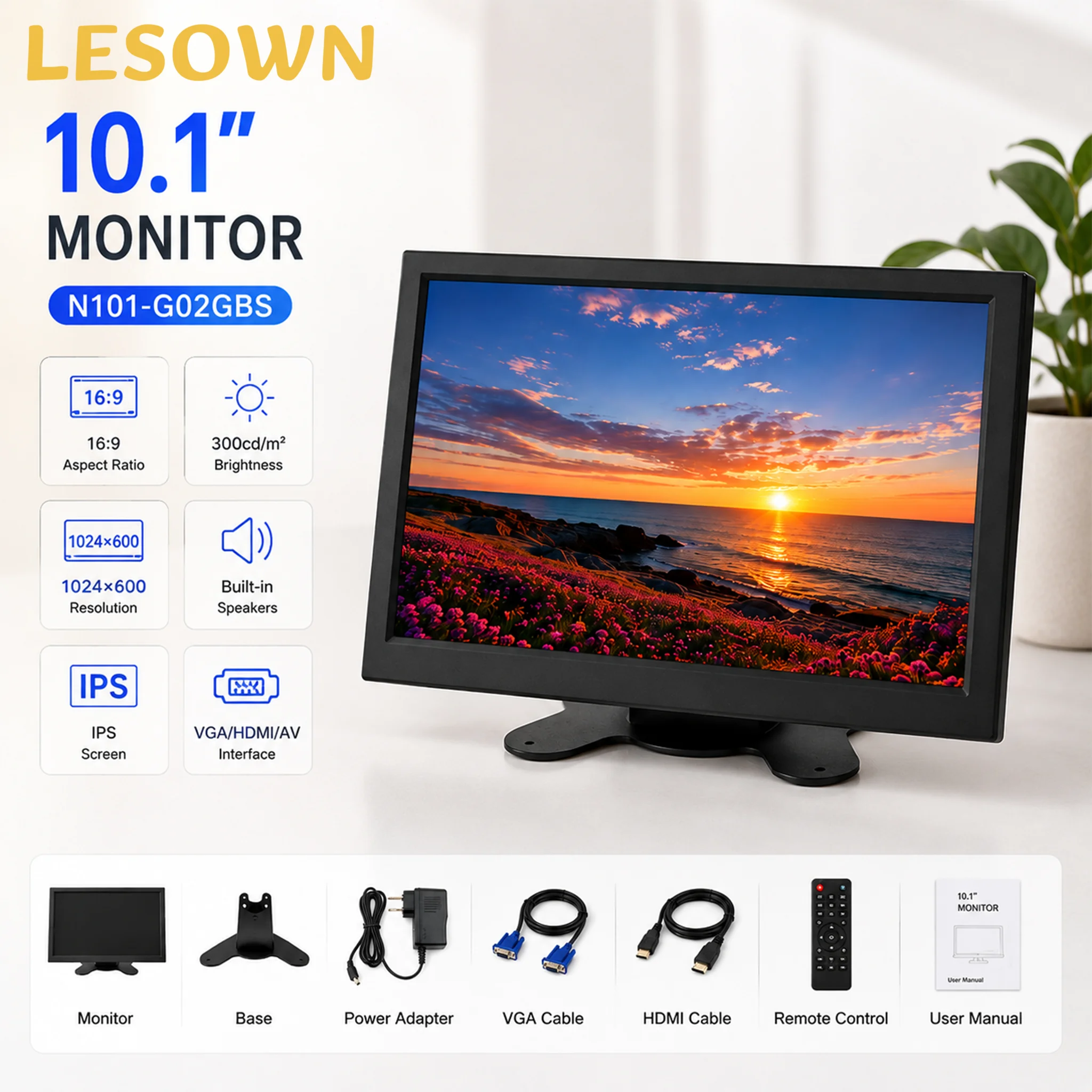 LESOWN 10.1 Inch Mini HDMI VGA Monitor Built-in Speaker Remote Control LCD Screen for CCTV Camera Raspberry Pi PC DVR VESA Stand
