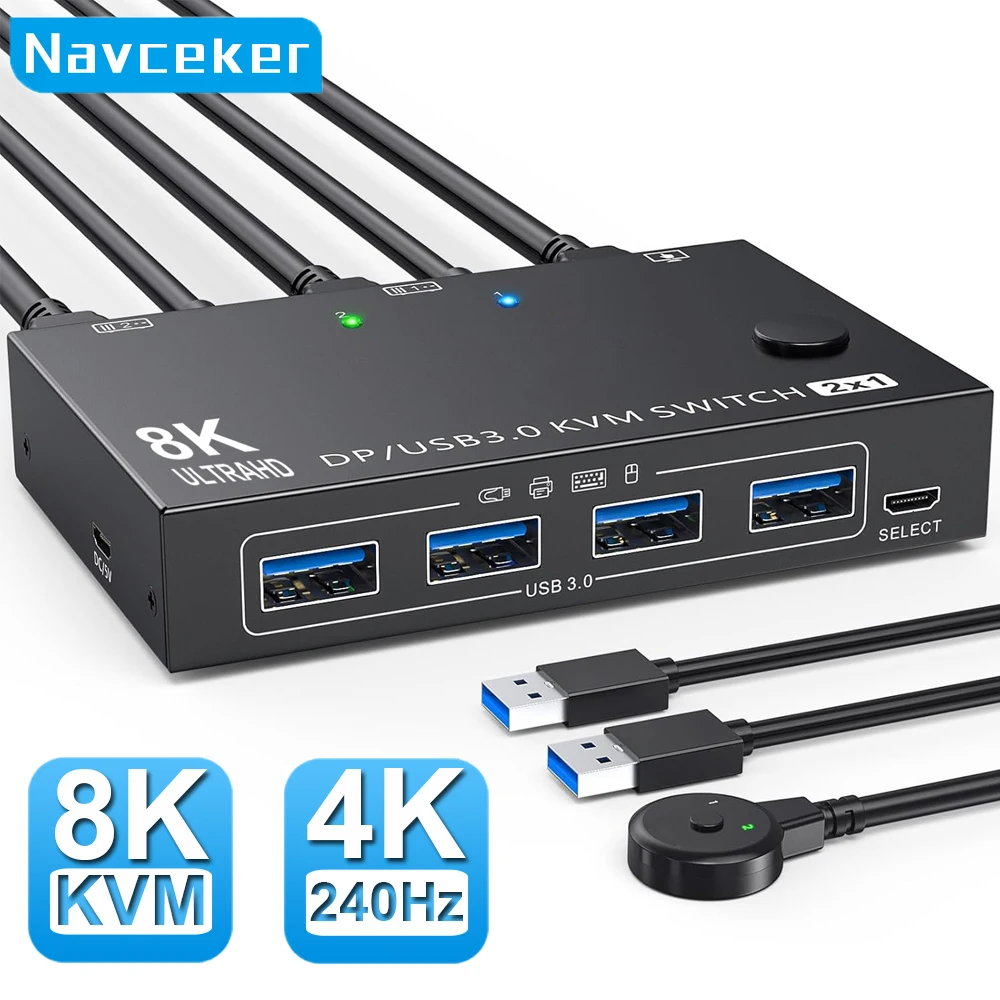 Navceker 4K 240Hz DP 2.1 KVM Switch 2 PC 8K USB 3.0 Displayport KVM Switch 2 in 1 out Display 1 Monitor 2 Computer