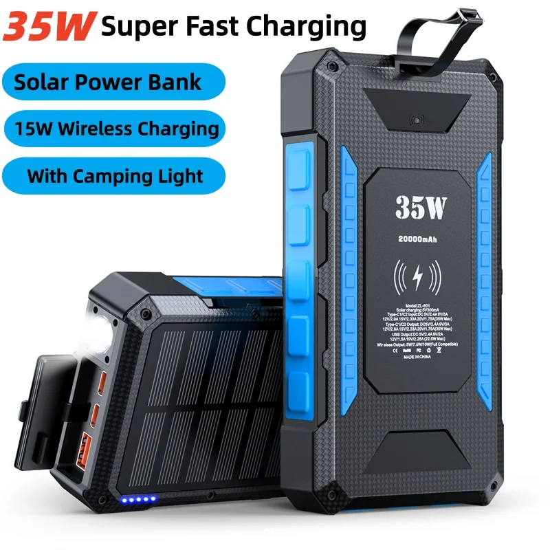 Solar Power Bank PD35W Super Fast Charging 15W Wireless For iPhone 17 Samsung External Battery Camping Light Waterproof 20000mAh