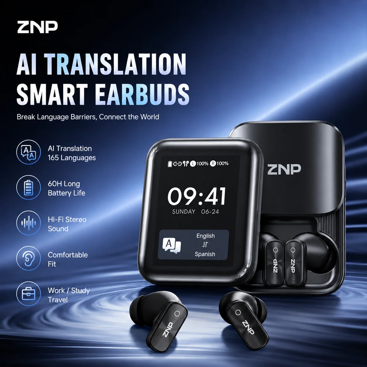ZNP N07 AI Translator Earbuds Bluetooth Wireless Headphones 165 Languages Touch Screen 60H Battery for Travel Business Study