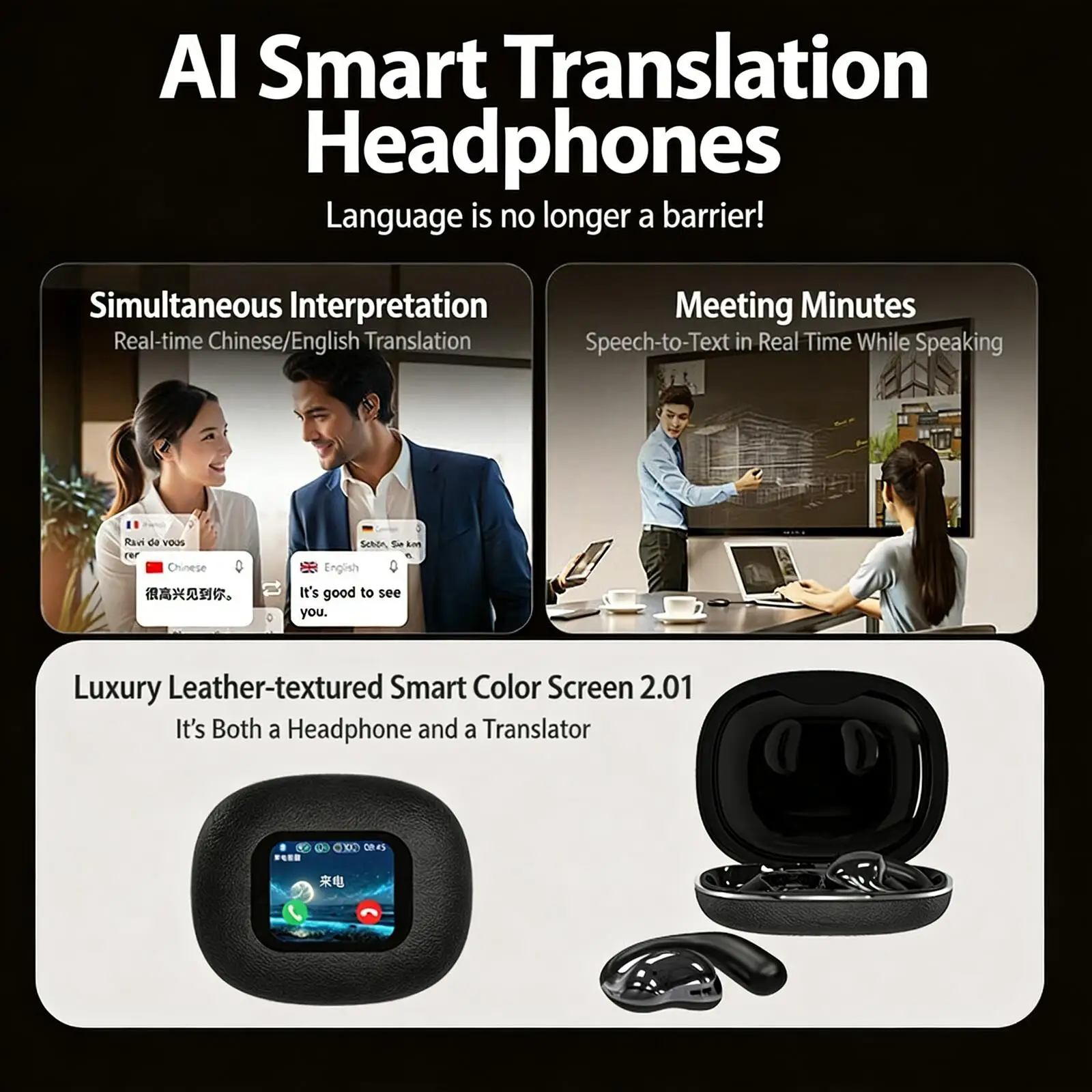 New AI Real-Time Translation Bluetooth Earphones Full Color LCD Touch Screen Wireless Headphones Business Office Travel Earbuds