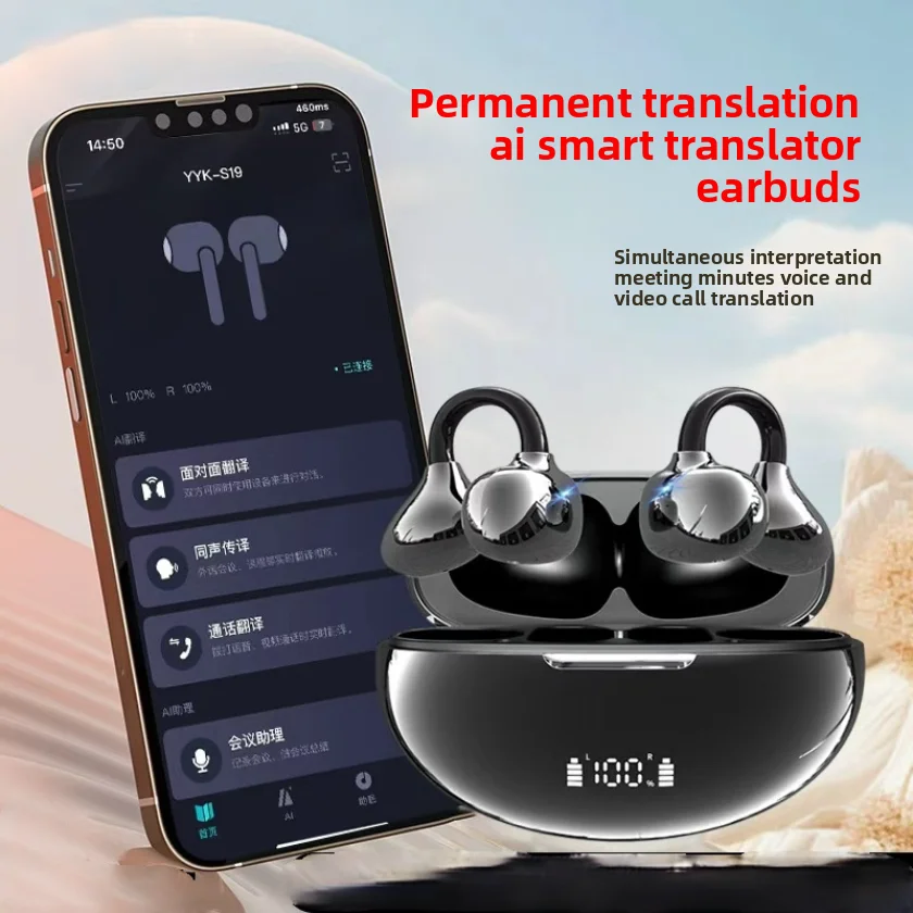 AI Real-Time Translation Earbuds Open Ear Clip Bluetooth Headphones Sports Wireless Earphones with 61H Battery Life for Travel/M