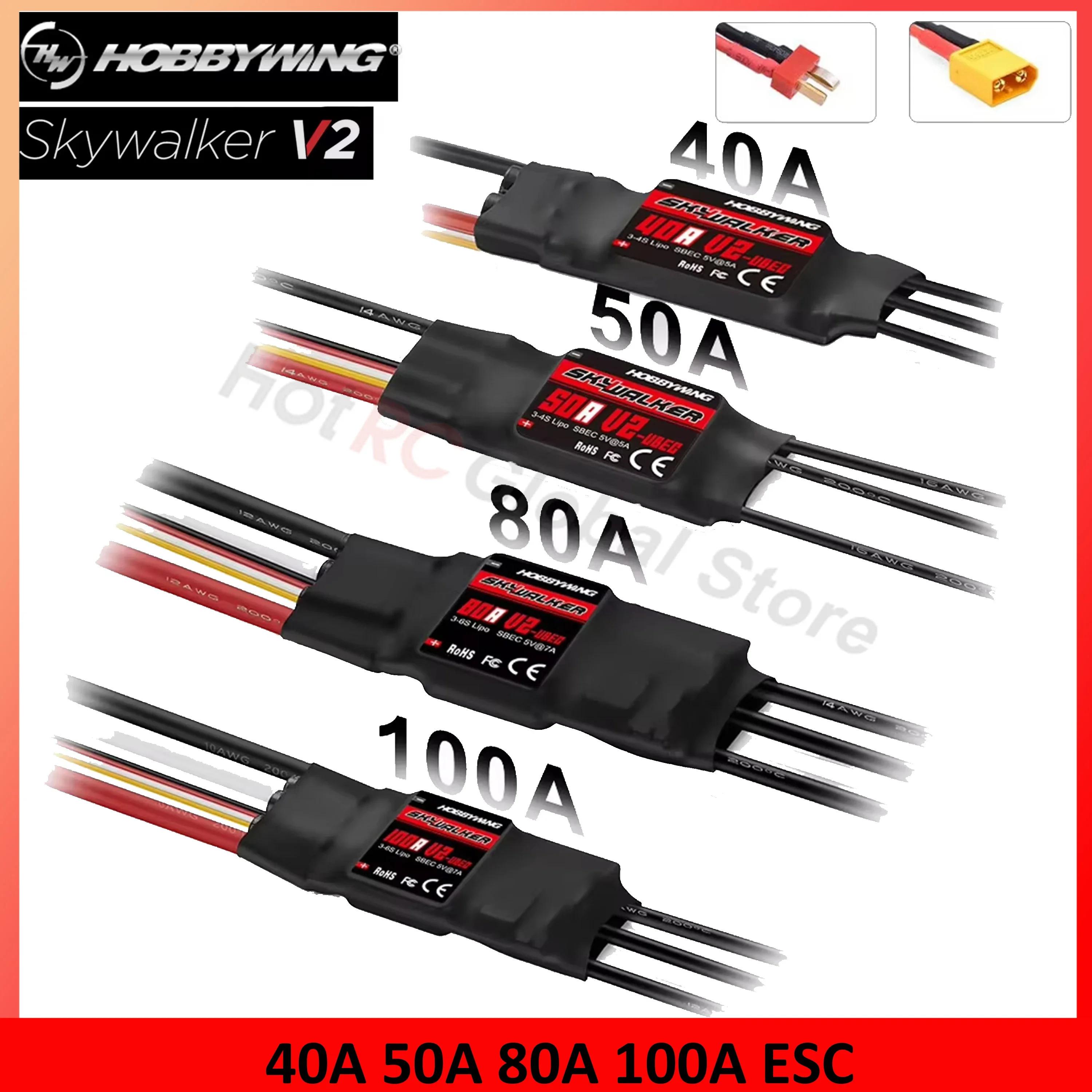 HOBBYWING Skywalker V2 Series 40A 50A 80A 100A Brushless ESC Speed Controller T/XT60 Plug for RC FPV Drone Quadcopter Plane