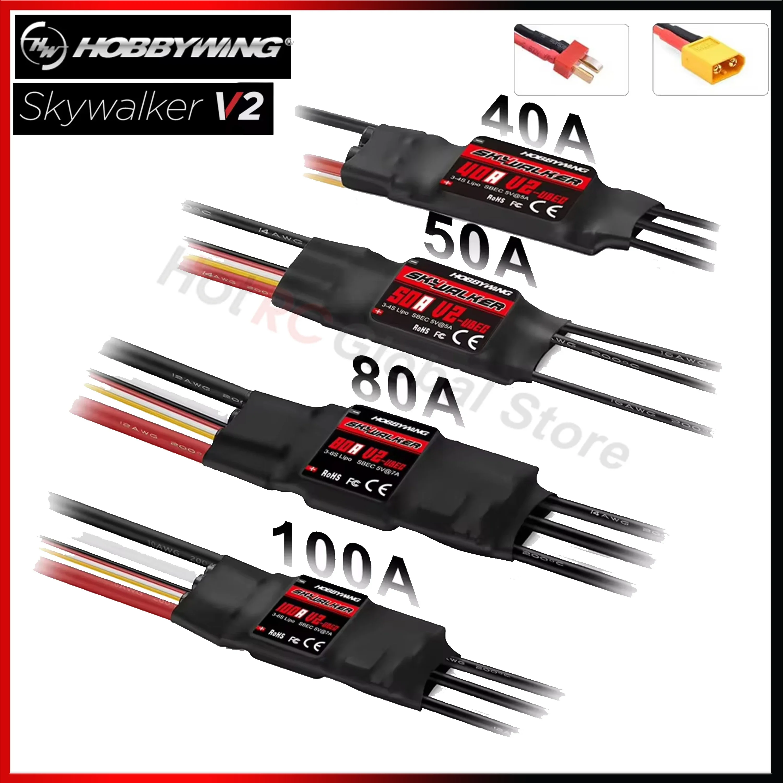 HOBBYWING Skywalker V2 Series 40A 50A 80A 100A T/XT60 Plug Brushless ESC Speed Controller for RC FPV Drone Quadcopter Plane