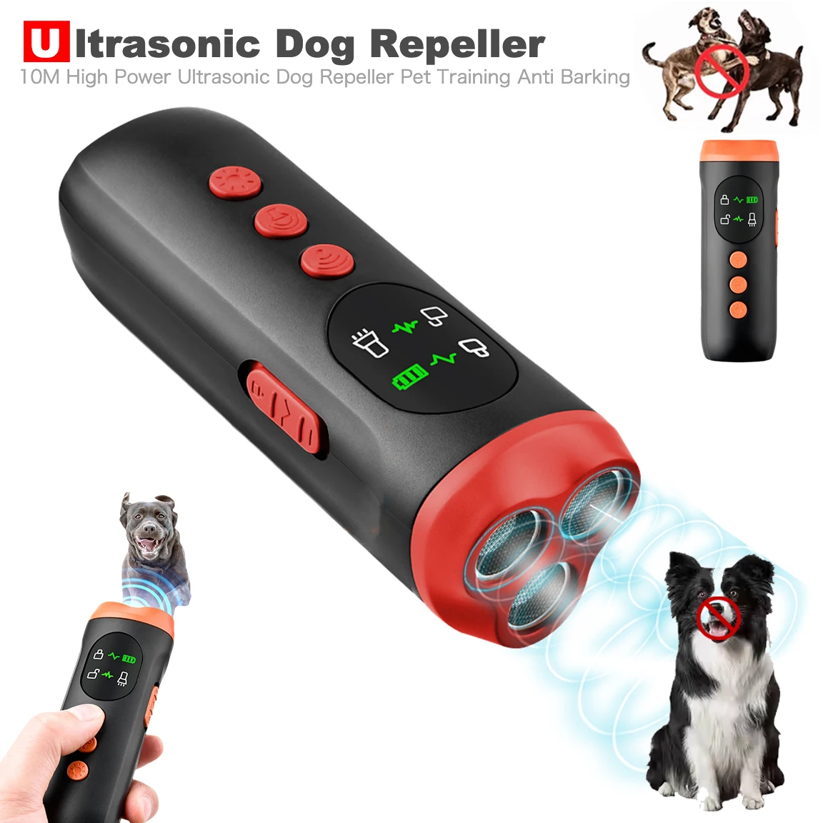 3 in1 High Power Ultrasonic Dog Repeller Portable Pet Anti-barking W/ Flashlight Outdoor Self-defense Puppy Training Accessories