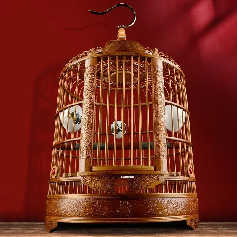 Round Portable Parrot Pet House For Chinese Bird Accessories  Carved Bird Cages Household Retro Large Bamboo Bird Cage GL