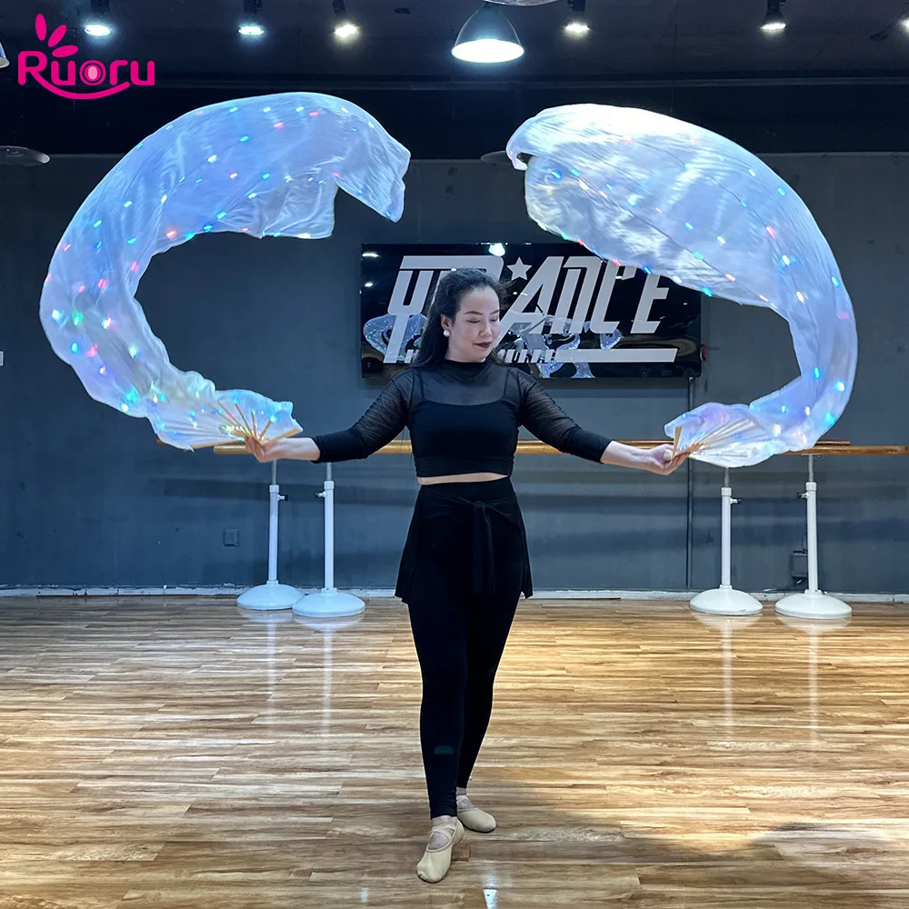 Ruoru 100% Silk Belly Dancing Led Fan Veils 180cm Long Silk Fan Veils with Lights Automatic Glitter Club Carnival Hollween