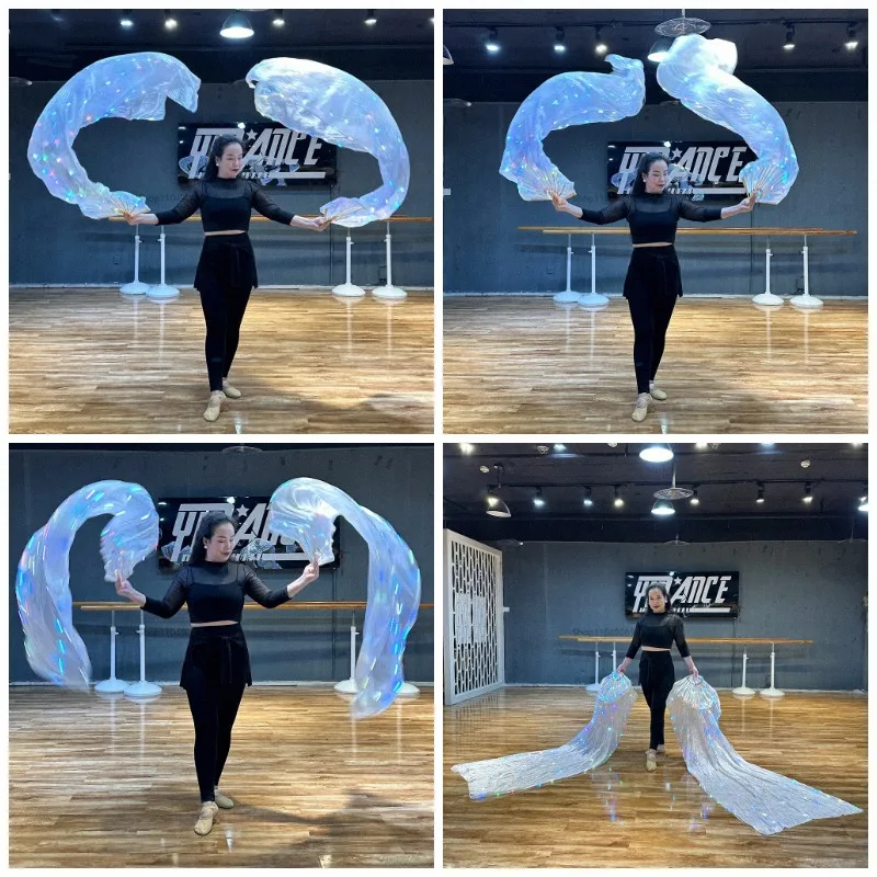 Silk Belly Dancing Led Fan Veils 180cm Long Silk Fan Veils with Lights Automatic Glitter Club Stage Performance Outfits