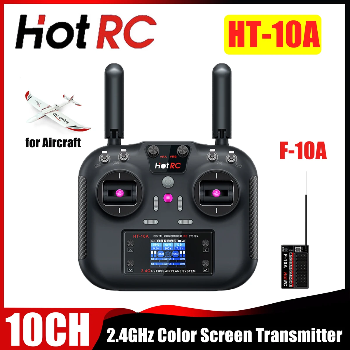 HOTRC HT-10A 2.4G Transmitter 10CH Color Screen Remote Controller F-10A Receiver for RC Aircraft Drone Vehicle Boat Model Parts