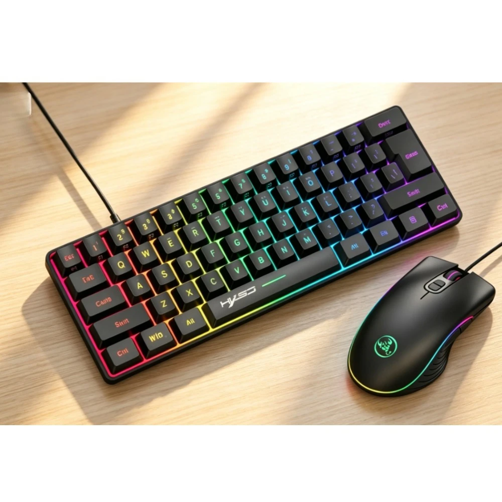 Teclado gamer raton 61Keys Wired Luminous Keyboard Set RGB Office Gaming 60% computer keyboards and mice pc клавиатура мышка