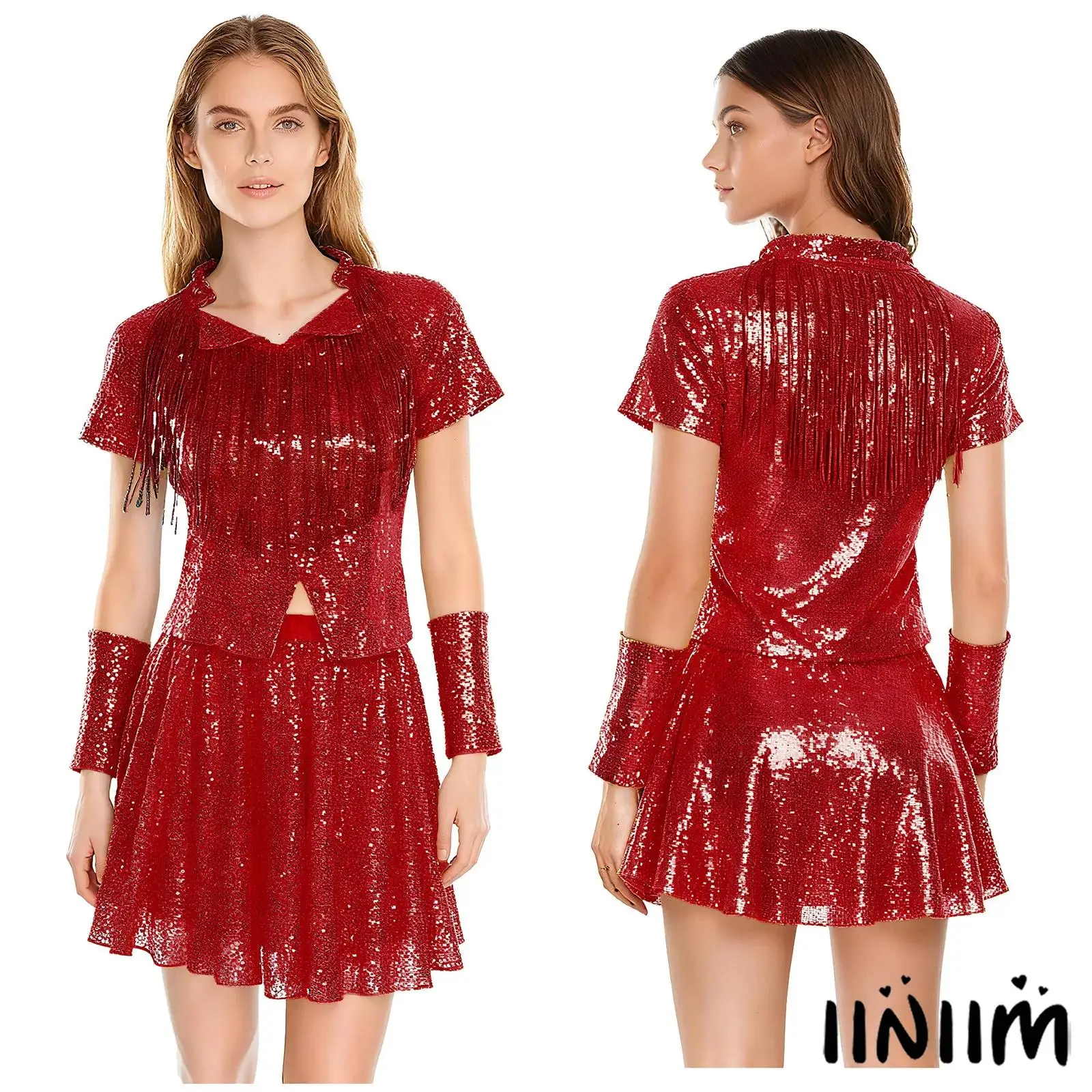 Womens Carnival Cheerleading Outfits Short Sleeve T-shirt Top+Gloves+Pleated Mini Skirt Set Jazz Disco Contemporary Dancewear