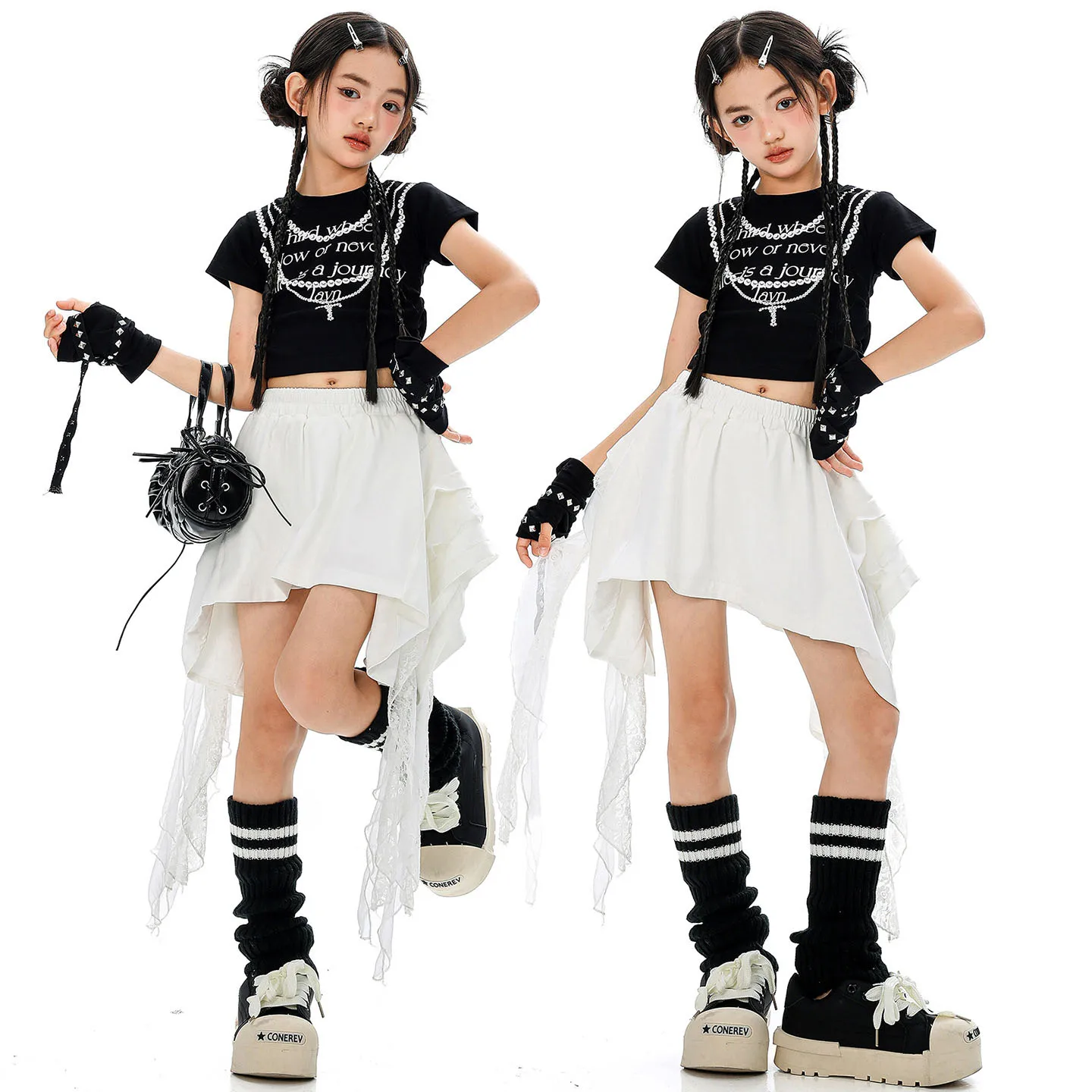 Kid Kpop Hip Hop Clothing Black Side Ruched Crop T Shirt Top White Lace Hem Mini Skirt for Girl Jazz Dance Wear Costumes Clothes