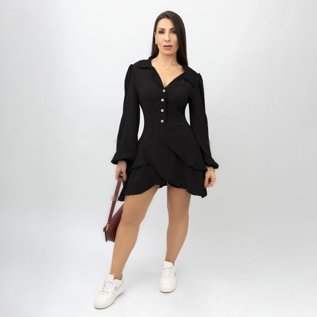 Vestido Curto Chemise Babados Manga Longa Feminino Camisa Botões Lançamento Verão Promoção