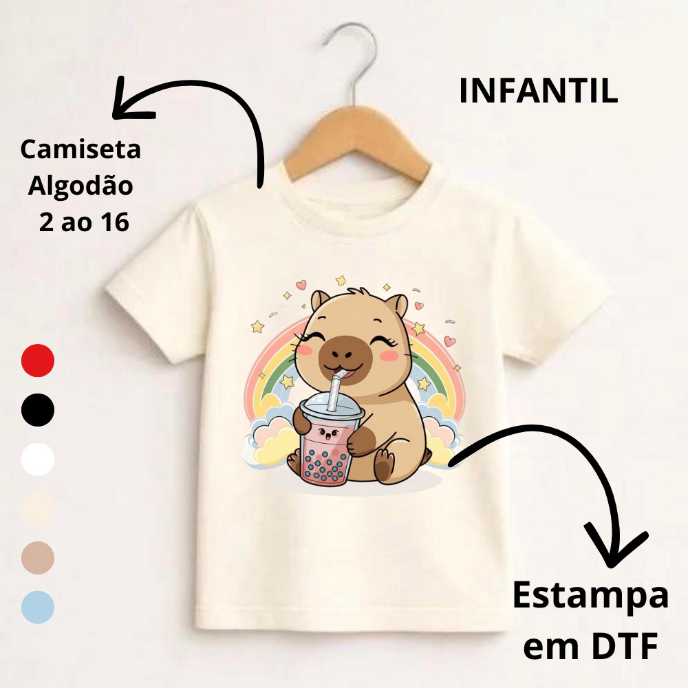 Camiseta Menina Infantil Capivara Mini Tomando Suco de Bolhas Arco Iris Criança Blusa 2 ao 16 Algodão