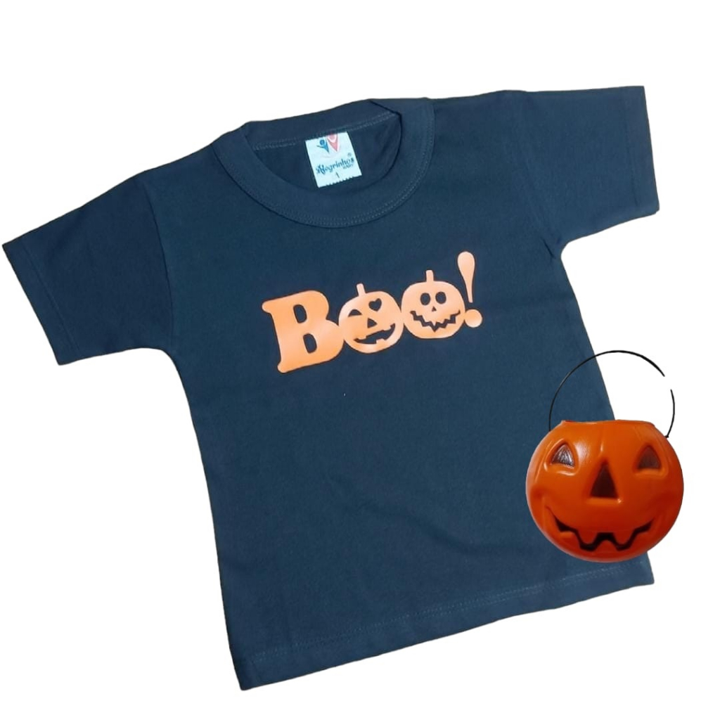 Camiseta Infantil Manga Curta Halloween Festa Fantasia C/ Mini Baldinho Abóbora