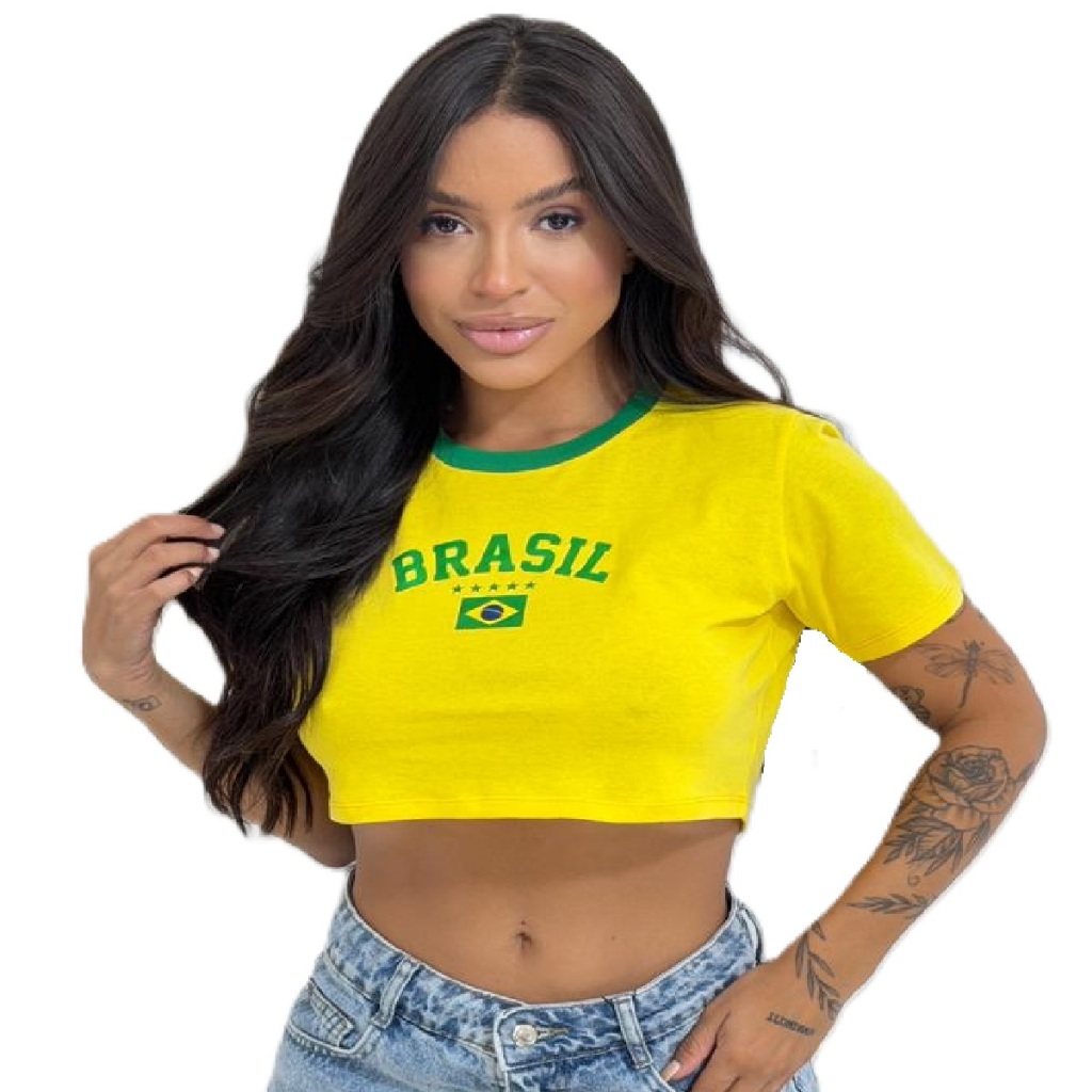 Cropped Brasil Feminino 100% Algodão Verde Amarelo Copa Do Mundo Com Mini Corneta De Brinde