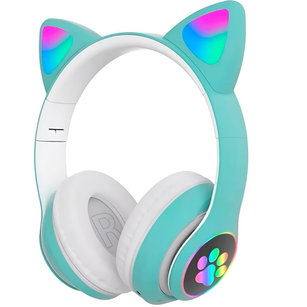 Fone Headset Bluetooth Colorido Com LED Gatinho Verde Claro