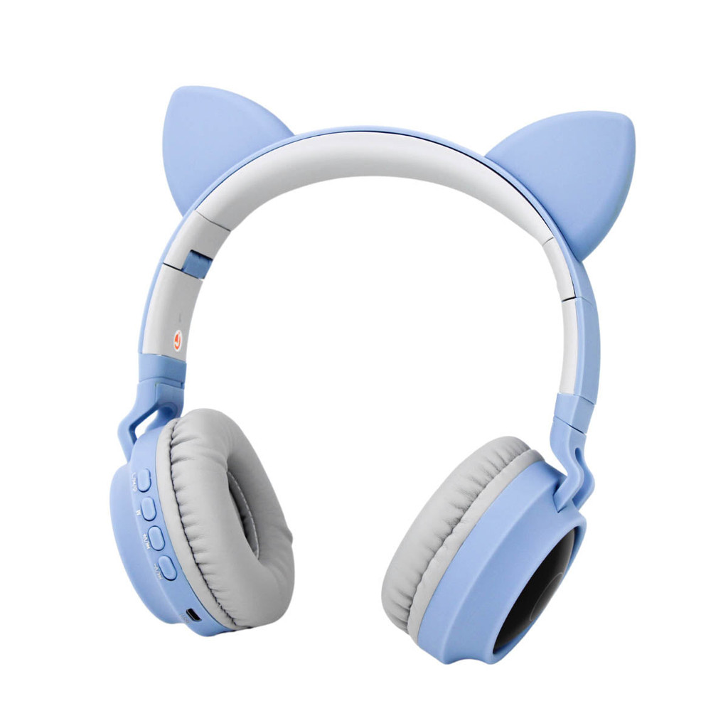 Fone Bluetooth Orelha De Gatinho Led Infantil Gamer Azul