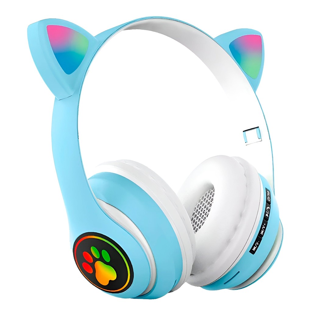 Fone Headset Bluetooth Colorido Gatinho LED Azul Sem Fio