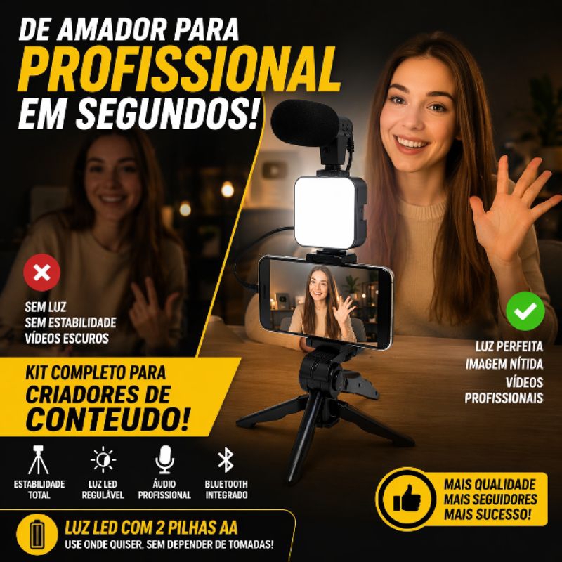 Tripé com LED para Celular Kit Gravação Completo com Microfone Bluetooth Bastão Selfie BM-244