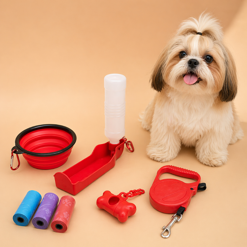 Kit Passeio Cachorro Pet Completo Comedouro Bebedouro Portátil Guia Retrátil Porta Saquinho e Refil