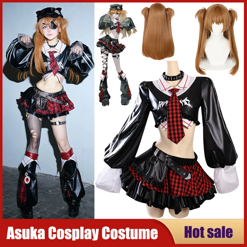 Anime New EVA Asuka Langley Soryu Cosplay Costume Shikinami Asuka Langley EVA Rock Band Outfit Girl Women Top Skirt Wig Sexy Set