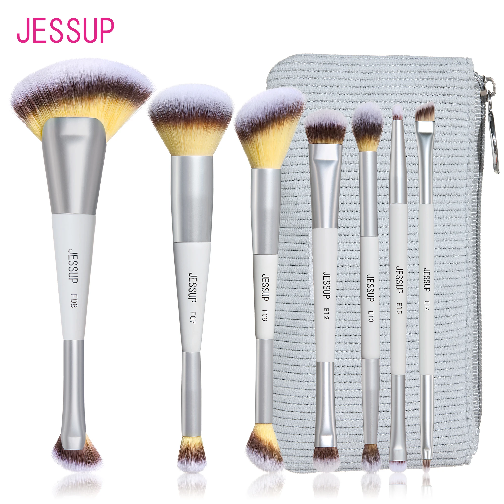Jessup Makeup Brushes Set 3/7pcs Dual Ended Synthetic Foundation Blush Highlight Blending Eyebrow Brush with Bag,Quiet Gray T520