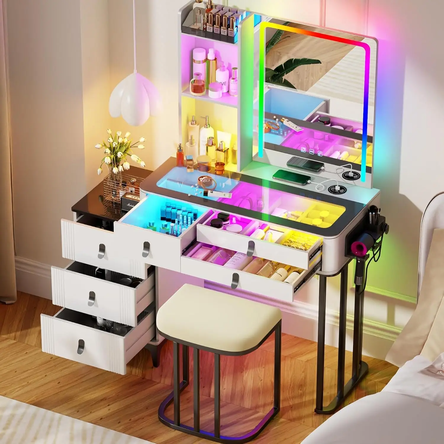 i*-RGB Vanity Desk with Mirror and Lights, Glass Top Makeup Vanity Table with Wireless Charging Station, Dressing, Customized