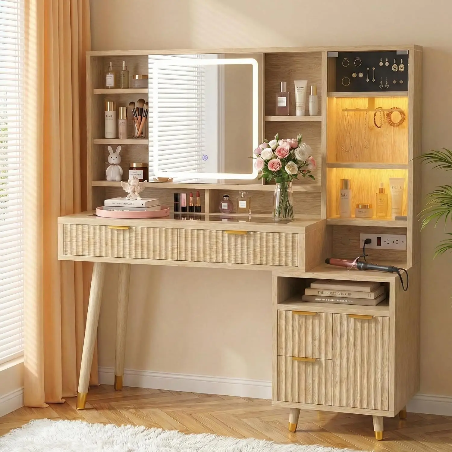 tr- Fluted Makeup Vanity Desk with Lights and Sliding Mirror, Glass Top Vanity with Drawers & RGB Glass Cabinets,, Customized-