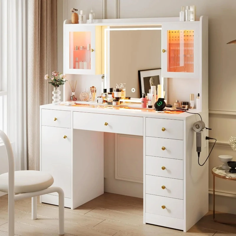 Vanity Desk with Mirror & Lights, Glass Top Makeup Table, RGB Lighting, Power Outlet, 7 Drawers, 3 Cabinets, White Bedroom Vanit