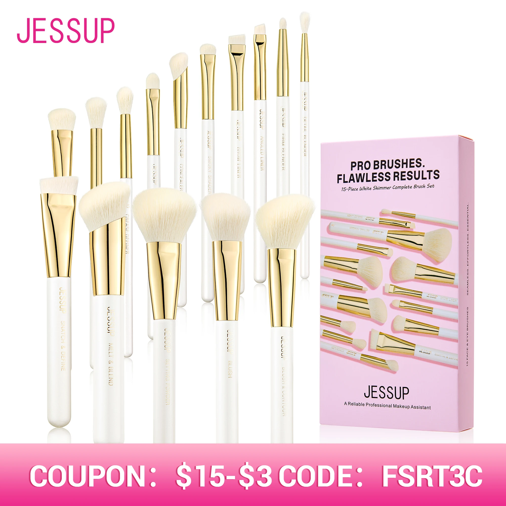Jessup 15pcs Makeup Brushes Set Synthetic Soft White Shimmer Handle Foundation Contour Concealer Eyeshadow Cosmetic Tool T518