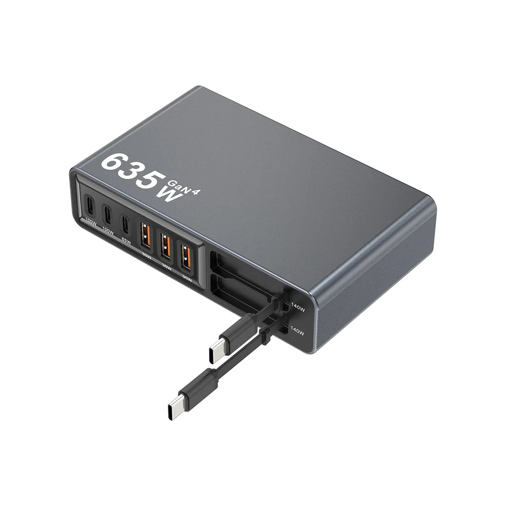 Multi-Port 635W GaN Charging Station with 140W Retractable USB C Cable 8-in-1 Fast Charger for iPhone Samsung Tablet Wholesale