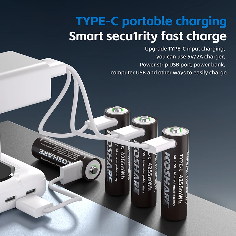 KOSHARE 2/24Pcs USB-C Rechargeable Lithium-ion AA AAA Batterires 4255mWh 1000mWh With Type-C Cable For Alarm Clock Keyboards