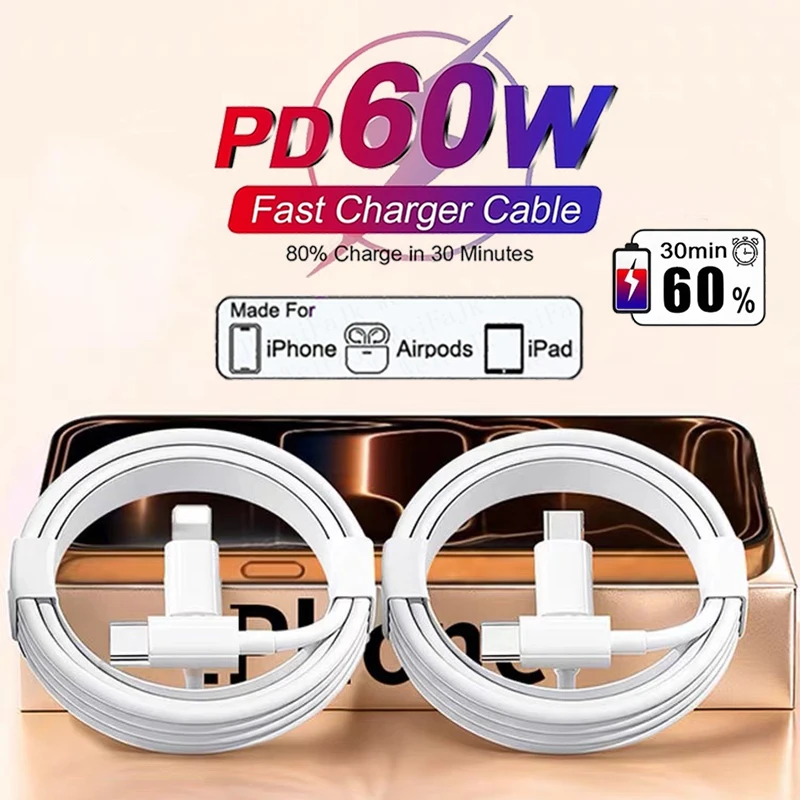 For Apple Original PD 60W Fast Charging Charger Cable For iPhone 17 16 15 14 13 12 11 Pro Max USB Type C Lightnings Charge Cable