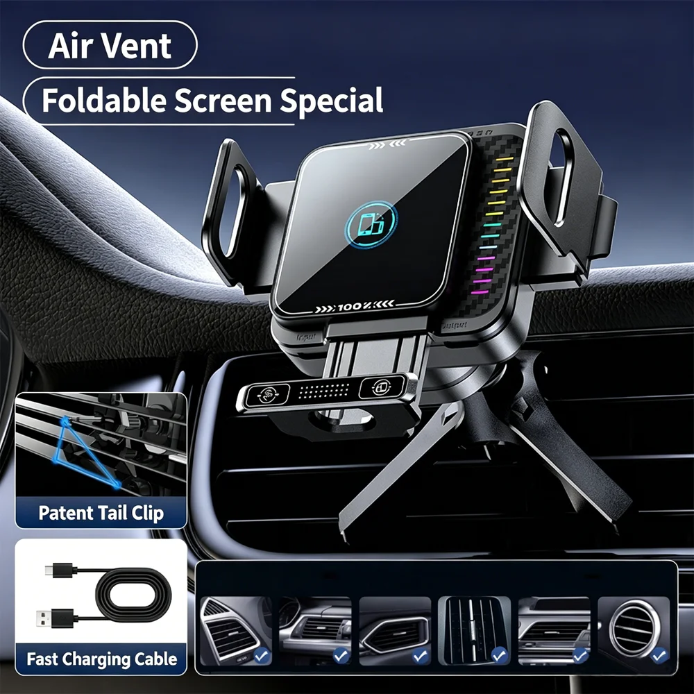 Mini Foldable Car Phone Wireless Charging Holder 90 Degree RotationUniversal Phone Mount Fast Charging Auto Accessories