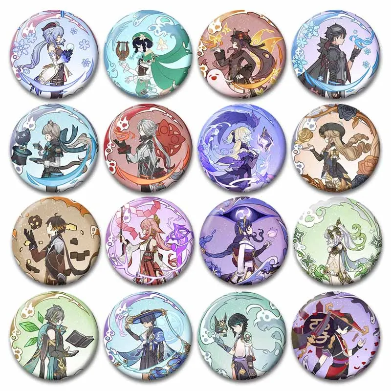 Creative Arlecchino Hu Tao Venti Wanderer Icon Badge Genshin Impact Fanart Brooch Pins Circular Brooches on Backpack Gamer Gift