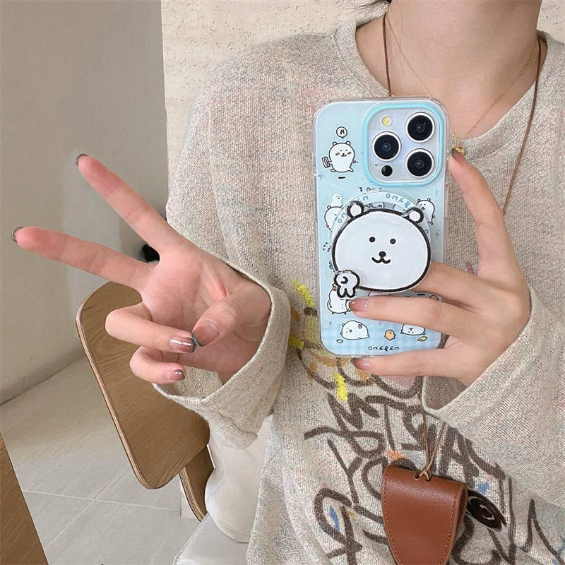 Colorful Full Screen Fun Little White Bear Phone Case with Rotating Magnetic Bracket for iPhone 11 12 13 14 15 16 17 Pro Max