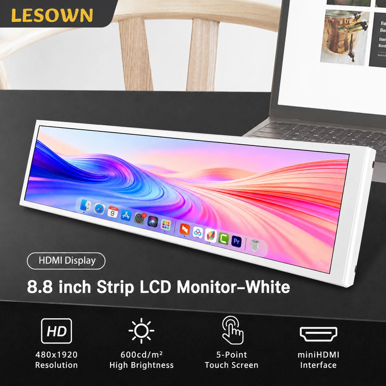 LESOWN Small 8.8in Compact Stretched Bar Display 480x1920 IPS Portable Horizontal Monitor for Laptop PC Gaming & Entertainment