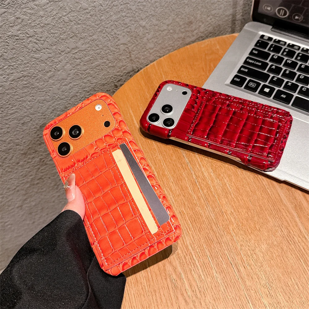Premium Glossy Crocodile Pattern Card Holder Phone Case for 17 Pro Max PU Wallet Protective Cover for iPhone 16 15 14 13 Pro