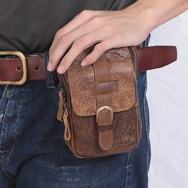 Retro Waist Bag Vintage Wallets Solid First Layer Cowhide Genuine Leather Wallet Basic Daily Zipper Purse Casual Men Phone Bags